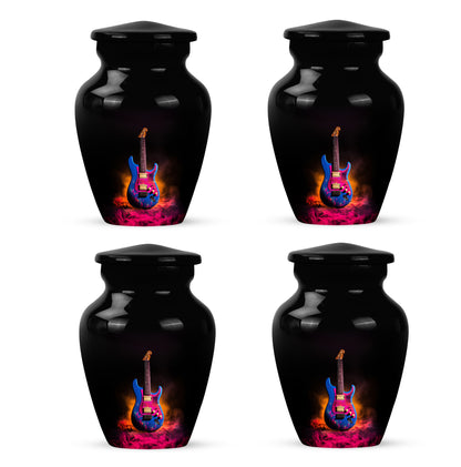 Jet Black Guitar Cremation Urn side profile showing urn shape - timeless guitar motif etched into premium metal - 10 inch aluminum urn for cremated remains