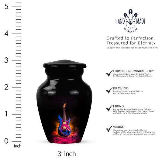 Jet Black Guitar Cremation Urn close-up of engraving and surface detail - timeless guitar motif etched into premium metal - mini keepsake memorial for portion of cremation ashes