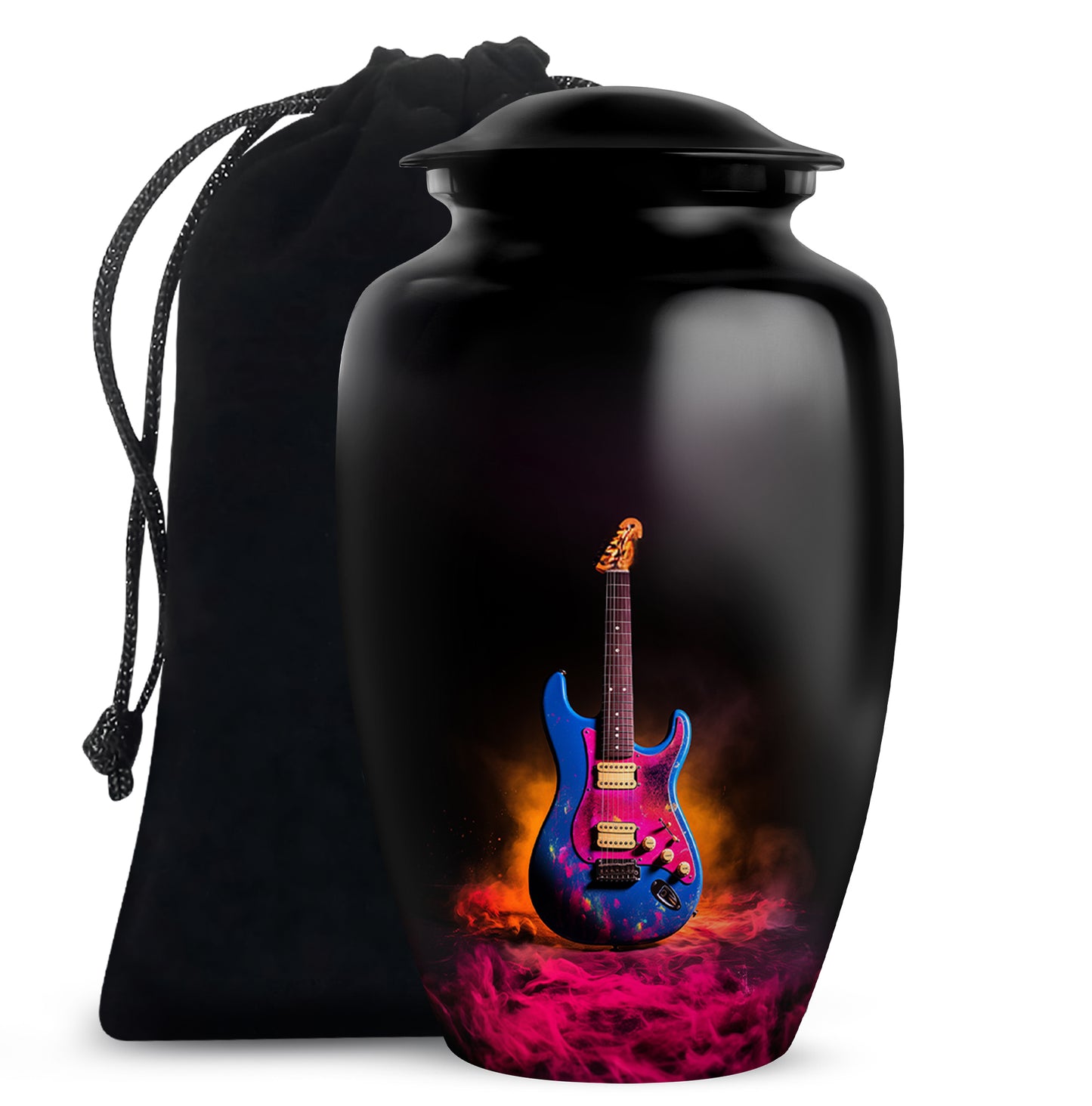 Deep Black Guitar Cremation Urn angled view of lid and engraved motif - classic sculpted guitar pattern on smooth aluminum - full-size 10 inch 200 cubic inch adult cremation urn