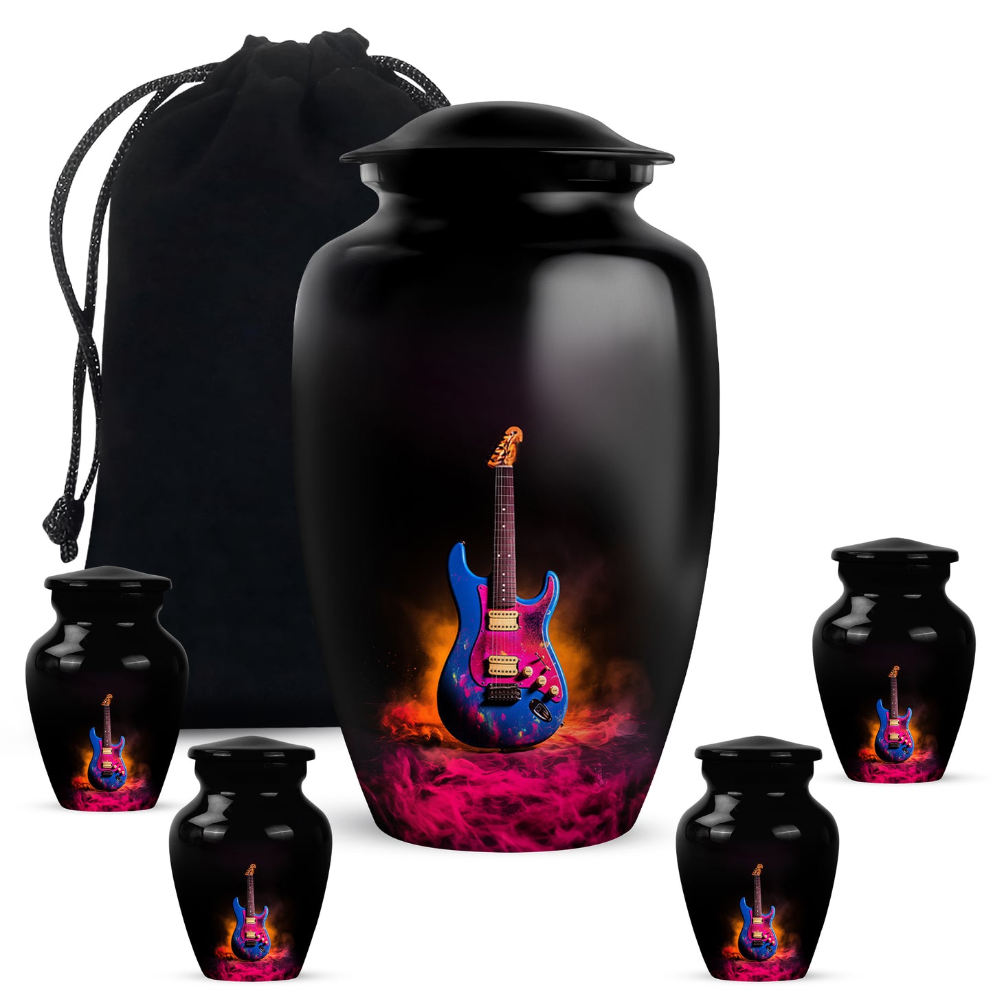 Dark Black Guitar Cremation Urn top-down view of secure threaded lid - traditional guitar engraving with hand-polished finish - memorial set with one large and four small urns