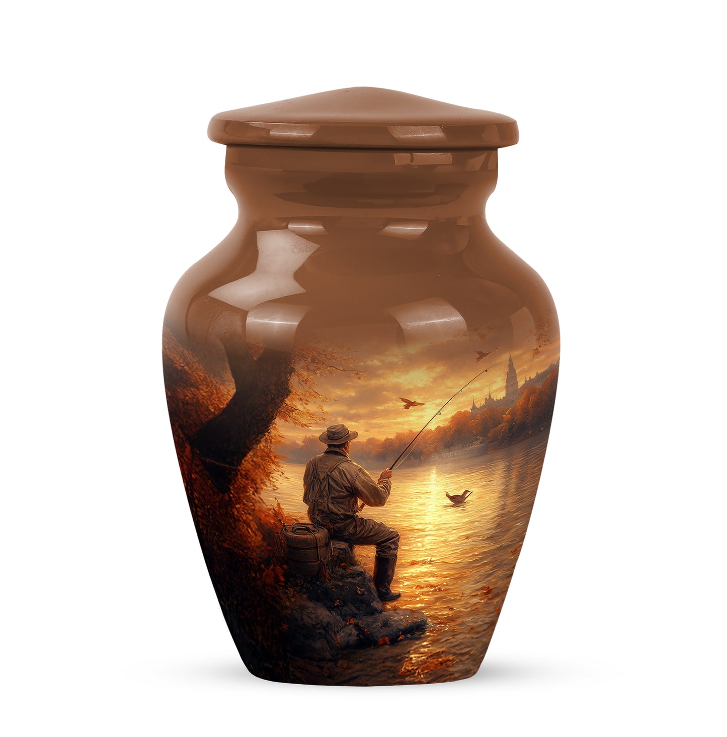 Gold Resounding Fishing Memorial Urn for Ashes - 10-inch, 200 cu in - Yatskia