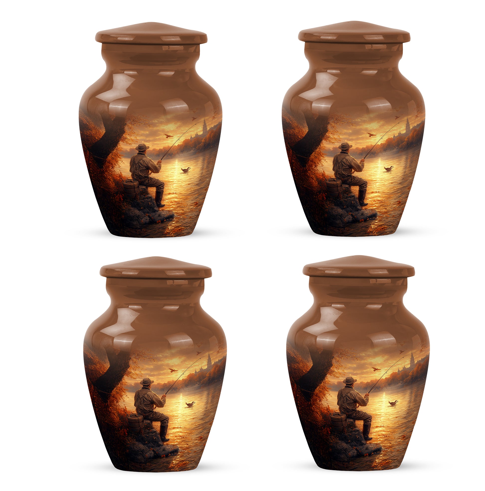 Royal Gold Fishing Cremation Urn side profile showing urn shape - elegant classic fishing relief with fine detailing - 10 inch aluminum urn for cremated remains