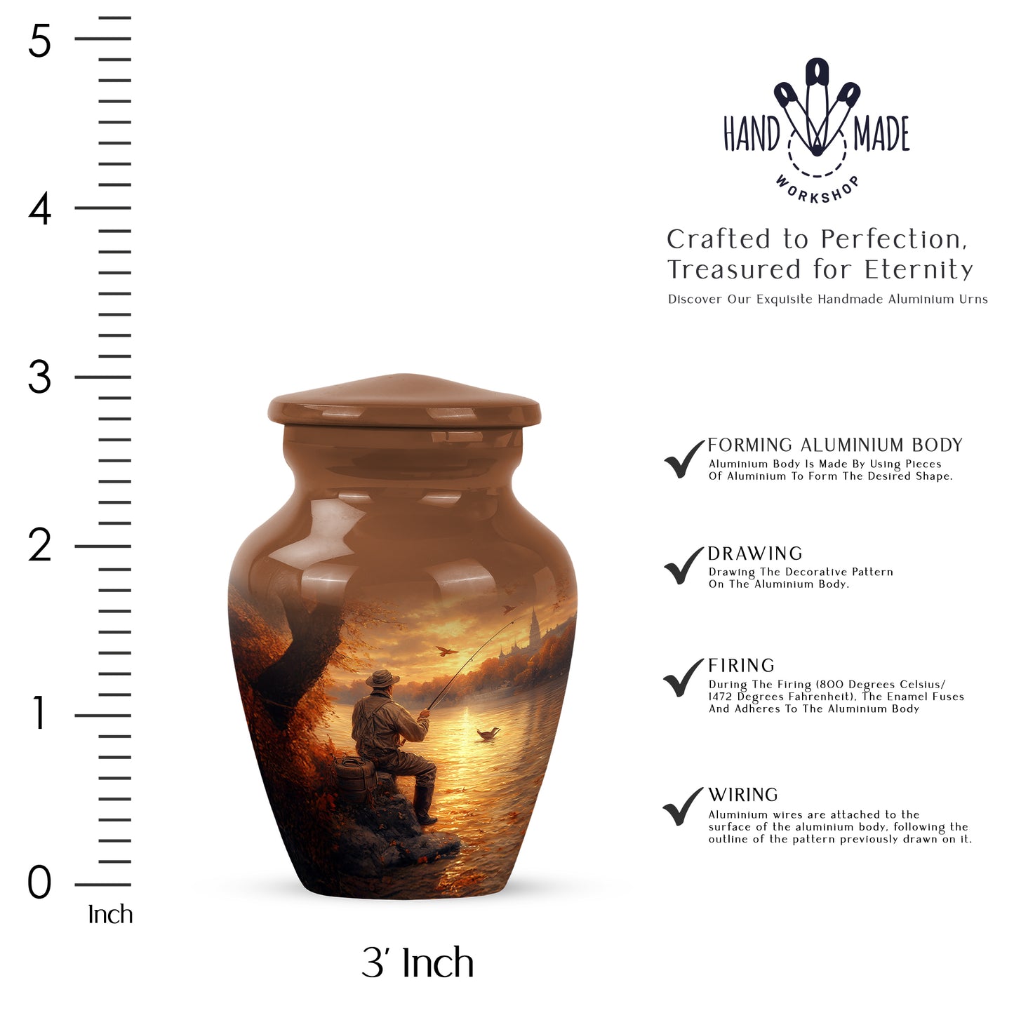 Harvest Gold Fishing Cremation Urn close-up of engraving and surface detail - traditional fishing engraving with hand-polished finish - mini keepsake memorial for portion of cremation ashes