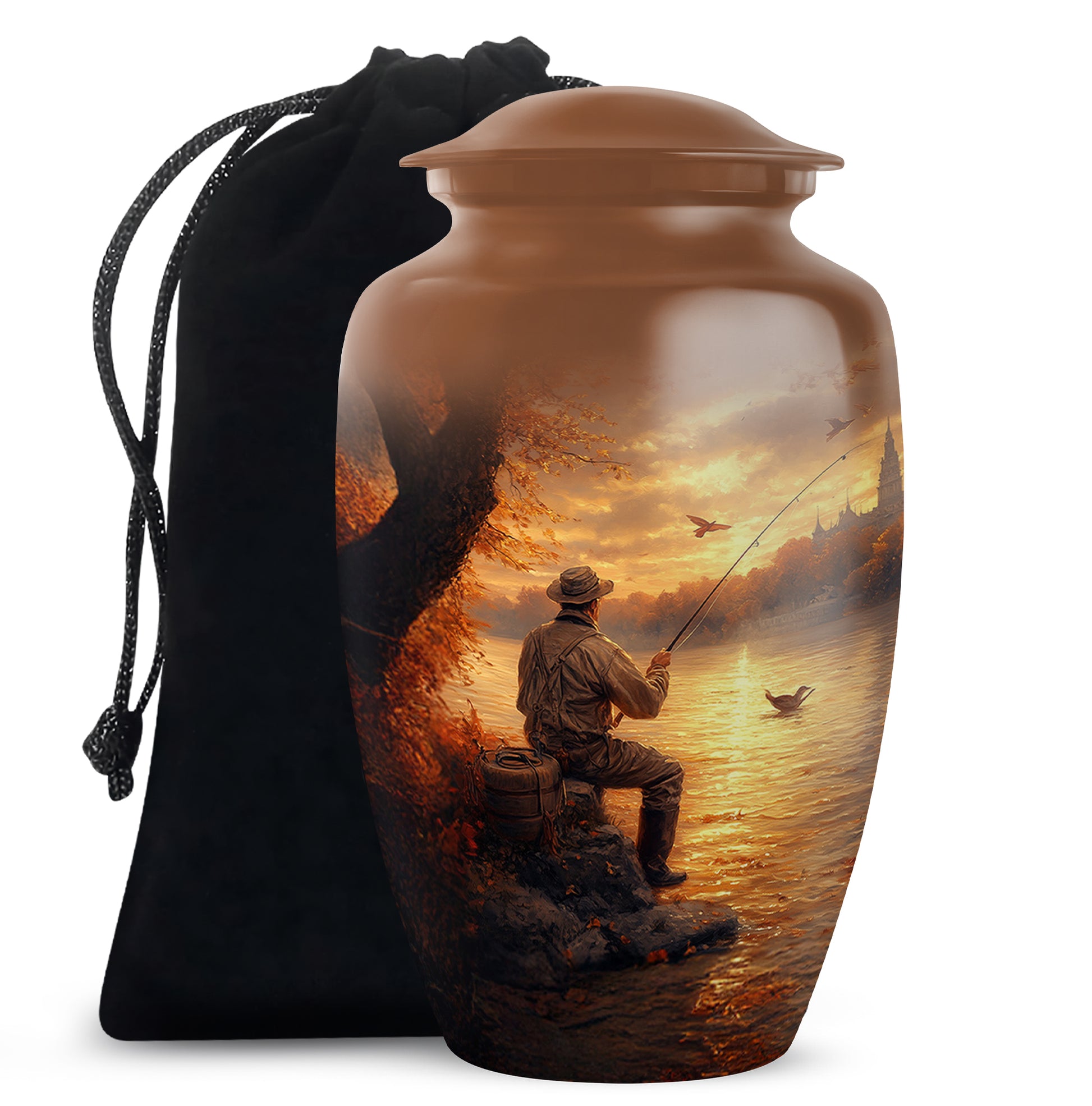 Warm Gold Fishing Cremation Urn angled view of lid and engraved motif - traditional fishing engraving with hand-polished finish - full-size 10 inch 200 cubic inch adult cremation urn