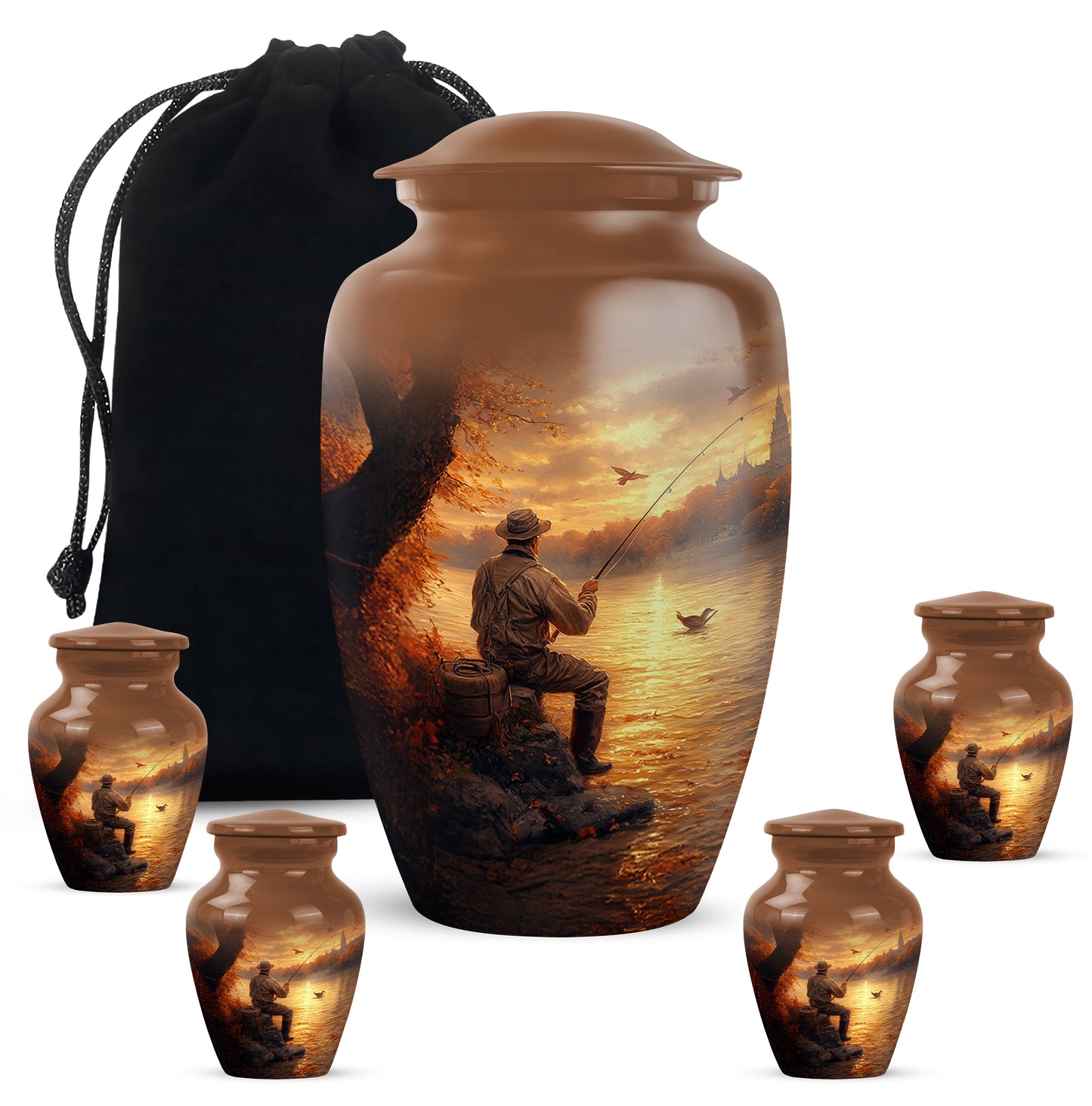 Royal Gold Fishing Cremation Urn top-down view of secure threaded lid - traditional fishing engraving with hand-polished finish - memorial set with one large and four small urns