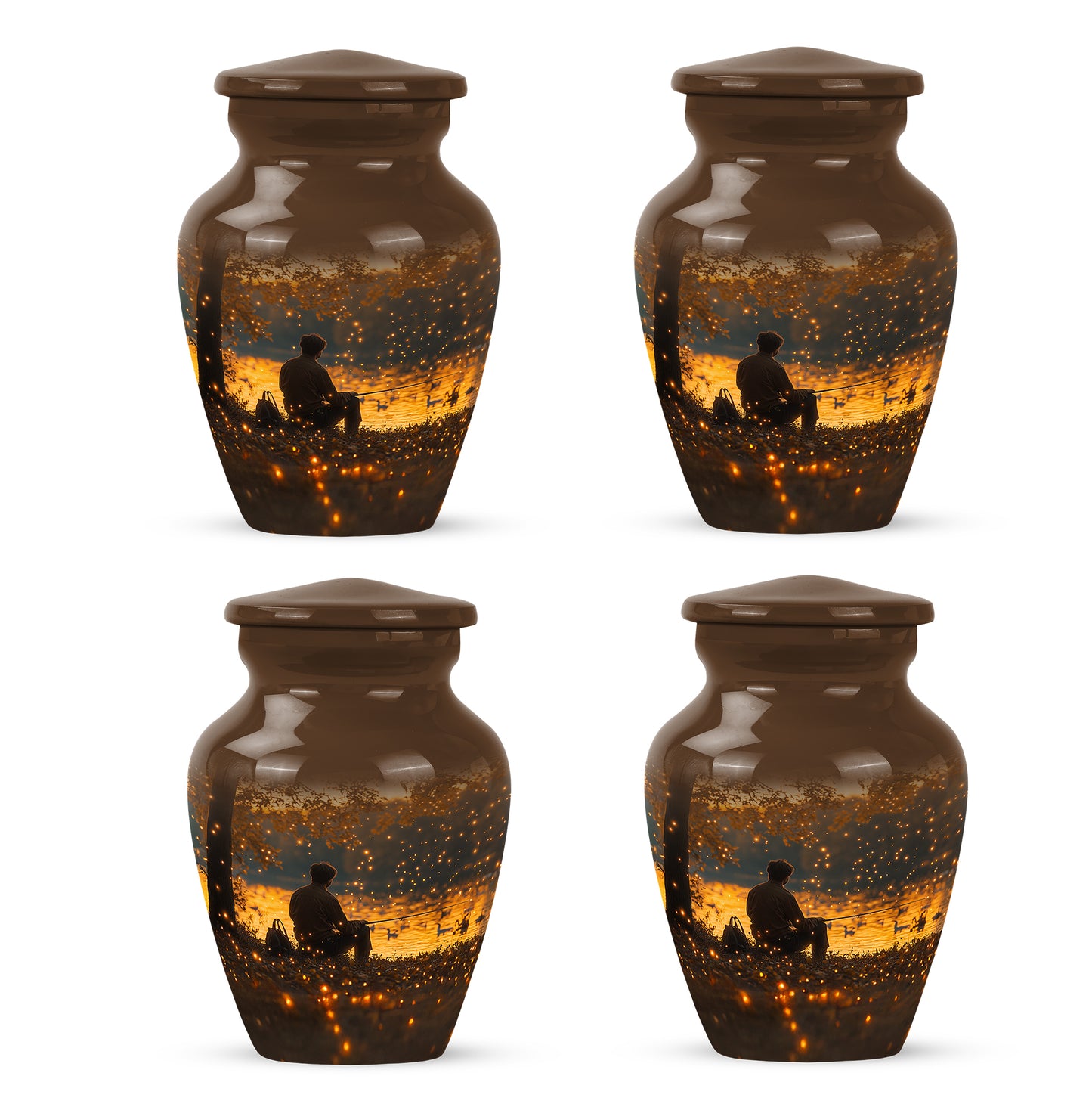 Burnished Gold Fishing Cremation Urn side profile showing urn shape - traditional fishing engraving with hand-polished finish - 10 inch aluminum urn for cremated remains