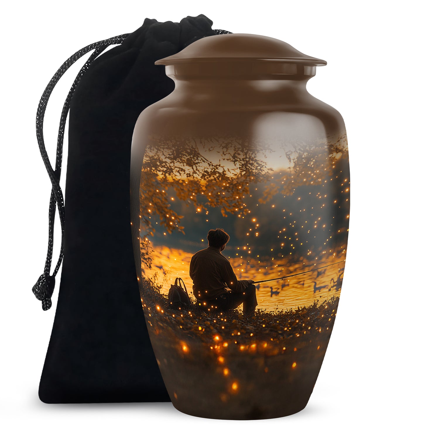 Warm Gold Fishing Cremation Urn angled view of lid and engraved motif - elegant classic fishing relief with fine detailing - full-size 10 inch 200 cubic inch adult cremation urn