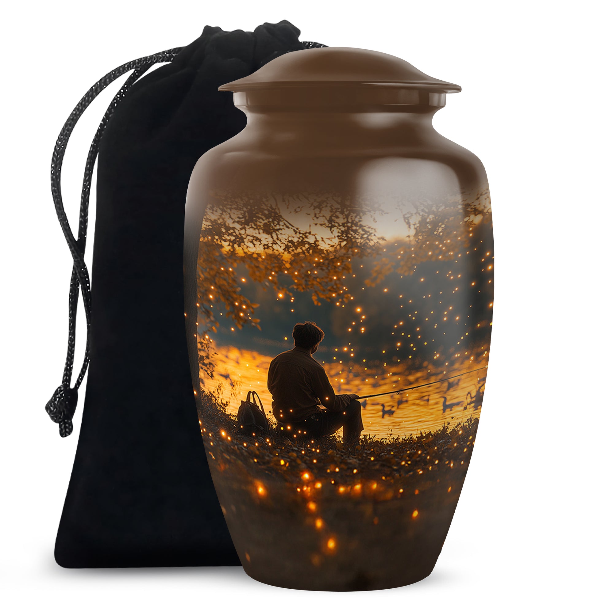 Warm Gold Fishing Cremation Urn angled view of lid and engraved motif - elegant classic fishing relief with fine detailing - full-size 10 inch 200 cubic inch adult cremation urn