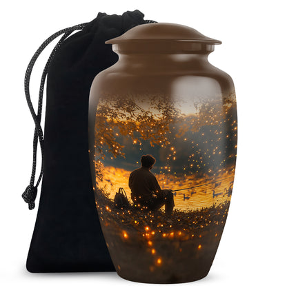 Warm Gold Fishing Cremation Urn angled view of lid and engraved motif - elegant classic fishing relief with fine detailing - full-size 10 inch 200 cubic inch adult cremation urn