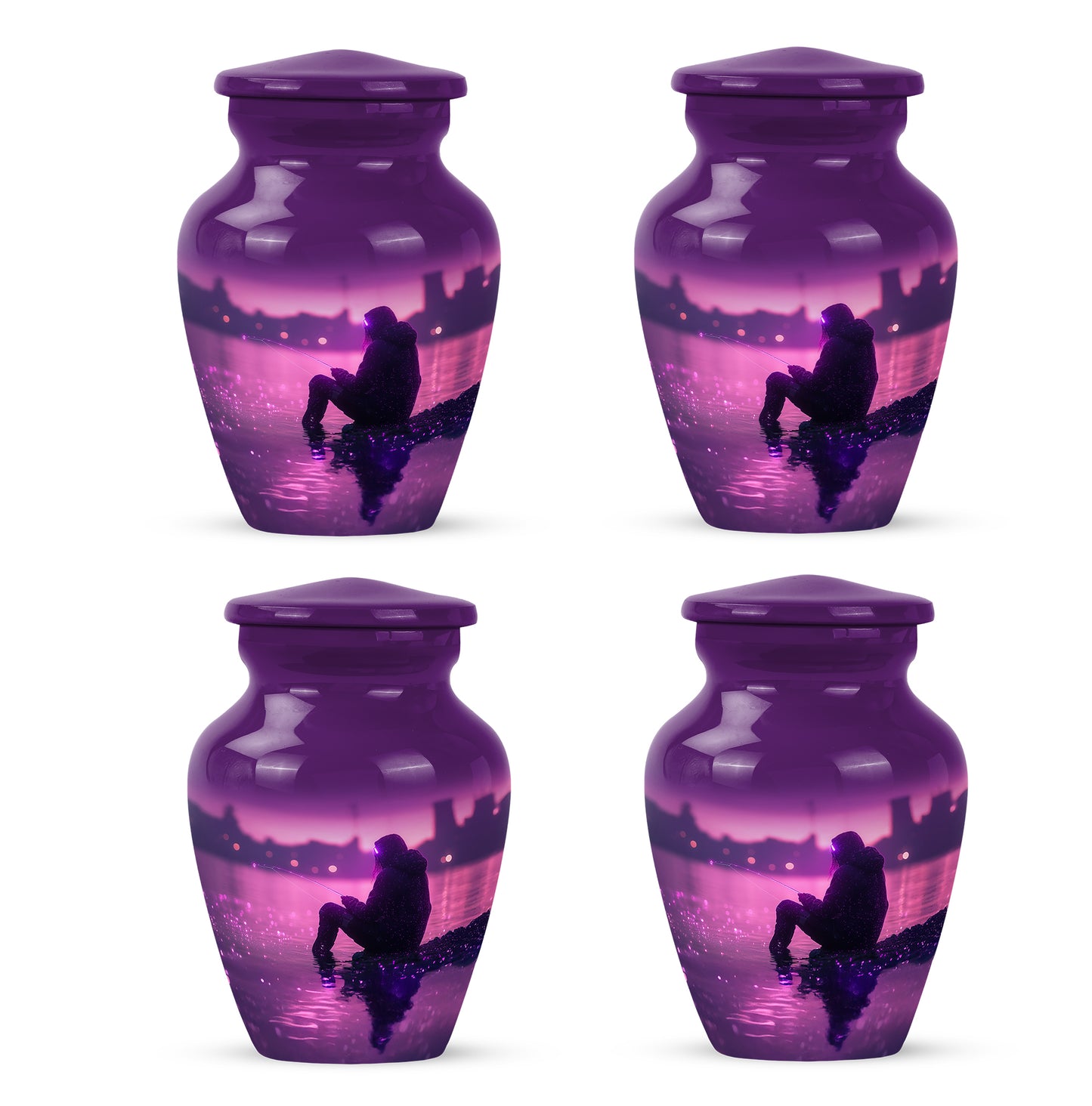 Orchid Purple Fishing Cremation Urn side profile showing urn shape - timeless fishing motif etched into premium metal - 10 inch aluminum urn for cremated remains