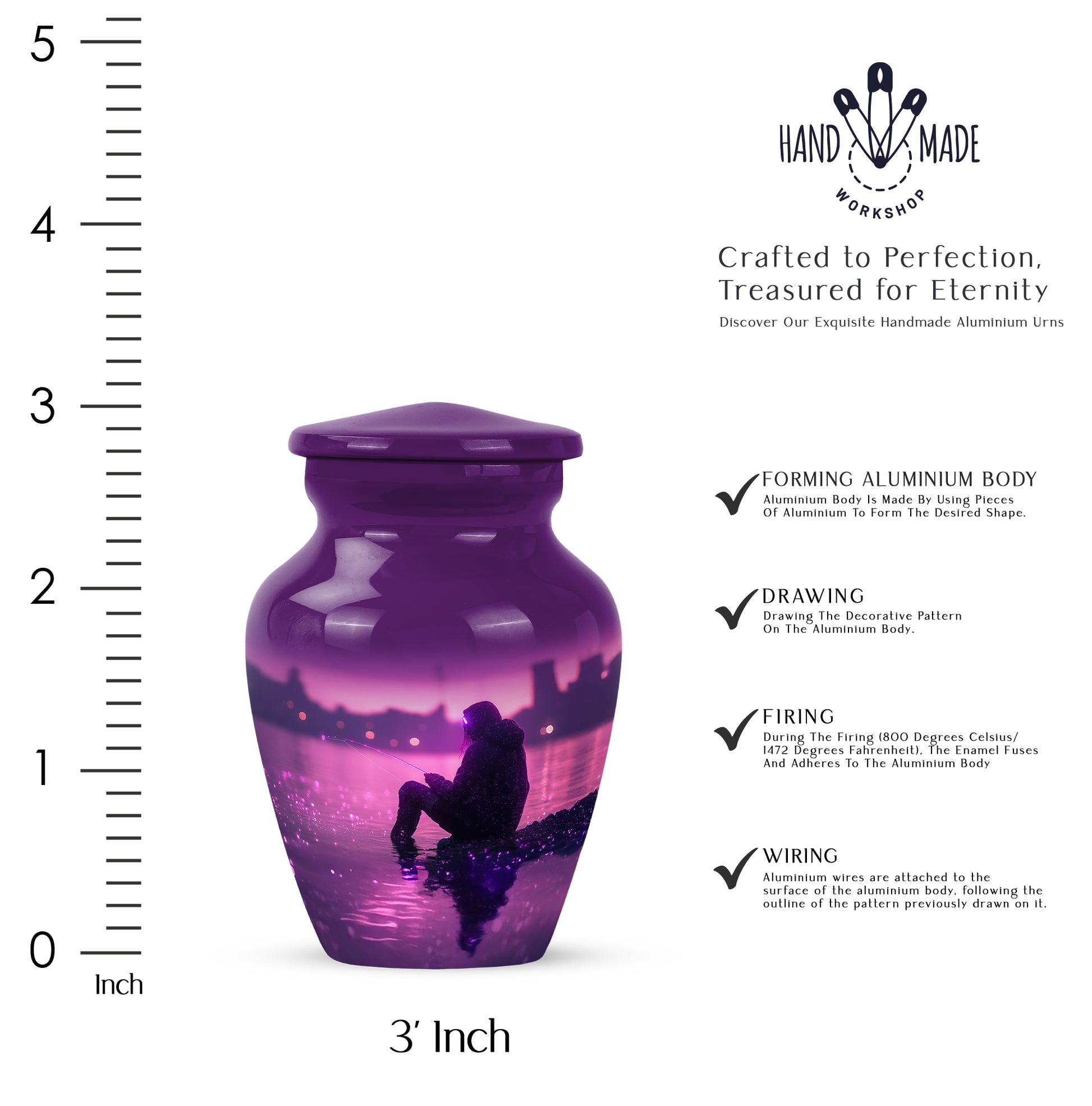 Lavender Purple Fishing Cremation Urn close-up of engraving and surface detail - traditional fishing engraving with hand-polished finish - mini keepsake memorial for portion of cremation ashes