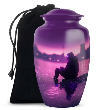 Twilight Purple Fishing Cremation Urn angled view of lid and engraved motif - elegant classic fishing relief with fine detailing - full-size 10 inch 200 cubic inch adult cremation urn