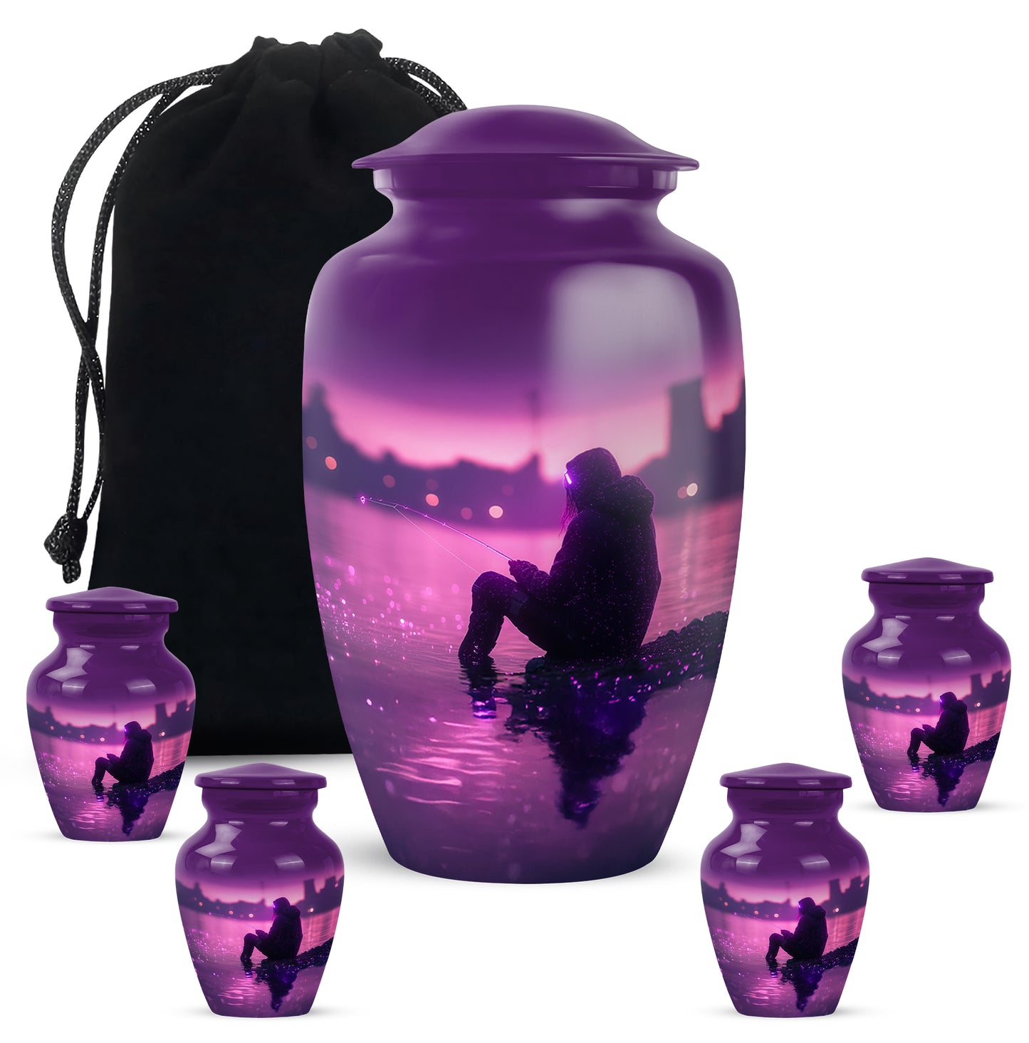 Majestic Purple Fishing Cremation Urn top-down view of secure threaded lid - classic sculpted fishing pattern on smooth aluminum - memorial set with one large and four small urns