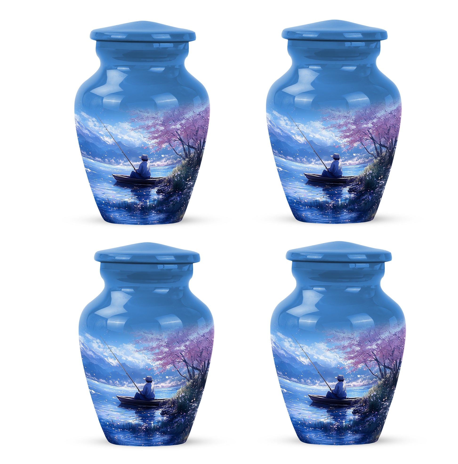 Pastel Blue Fishing Cremation Urn side profile showing urn shape - timeless fishing motif etched into premium metal - 10 inch aluminum urn for cremated remains