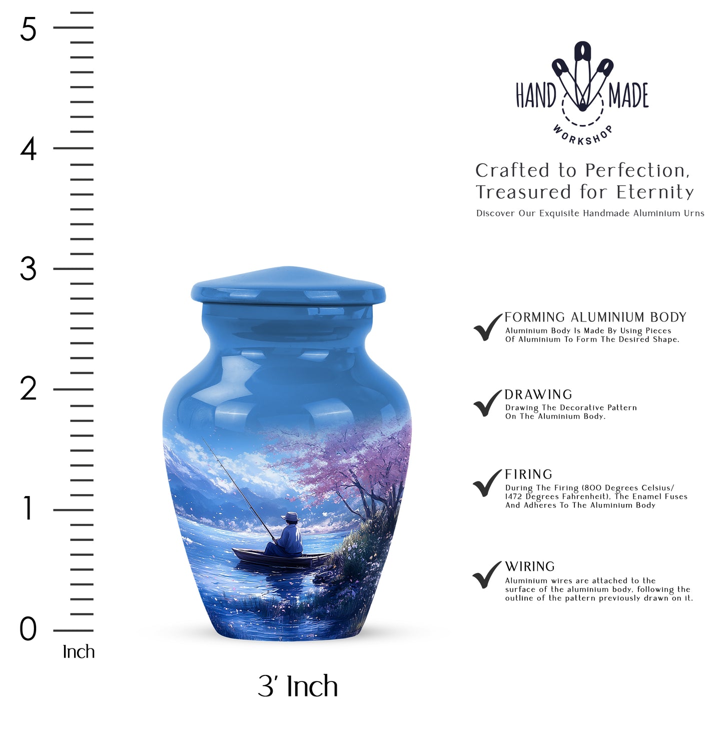 Bright Blue Fishing Cremation Urn close-up of engraving and surface detail - traditional fishing engraving with hand-polished finish - mini keepsake memorial for portion of cremation ashes
