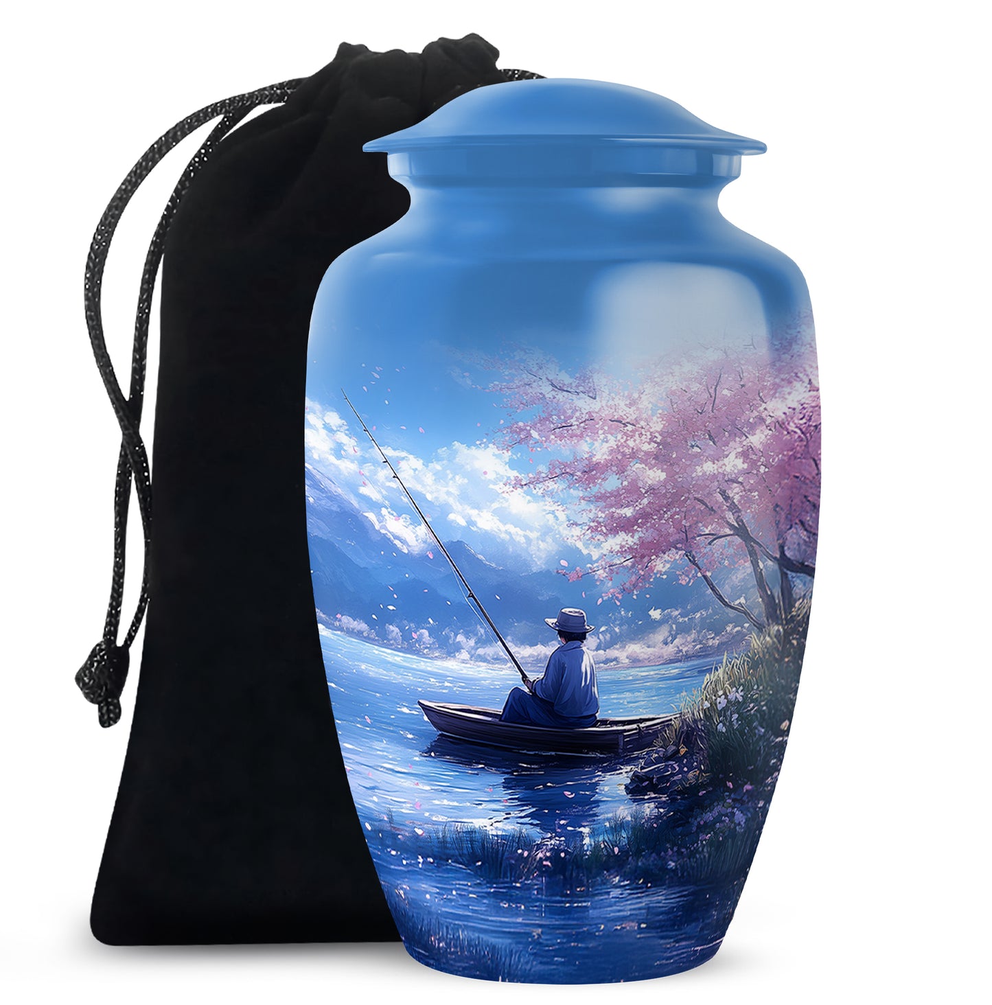 Twilight Blue Fishing Cremation Urn angled view of lid and engraved motif - elegant classic fishing relief with fine detailing - full-size 10 inch 200 cubic inch adult cremation urn