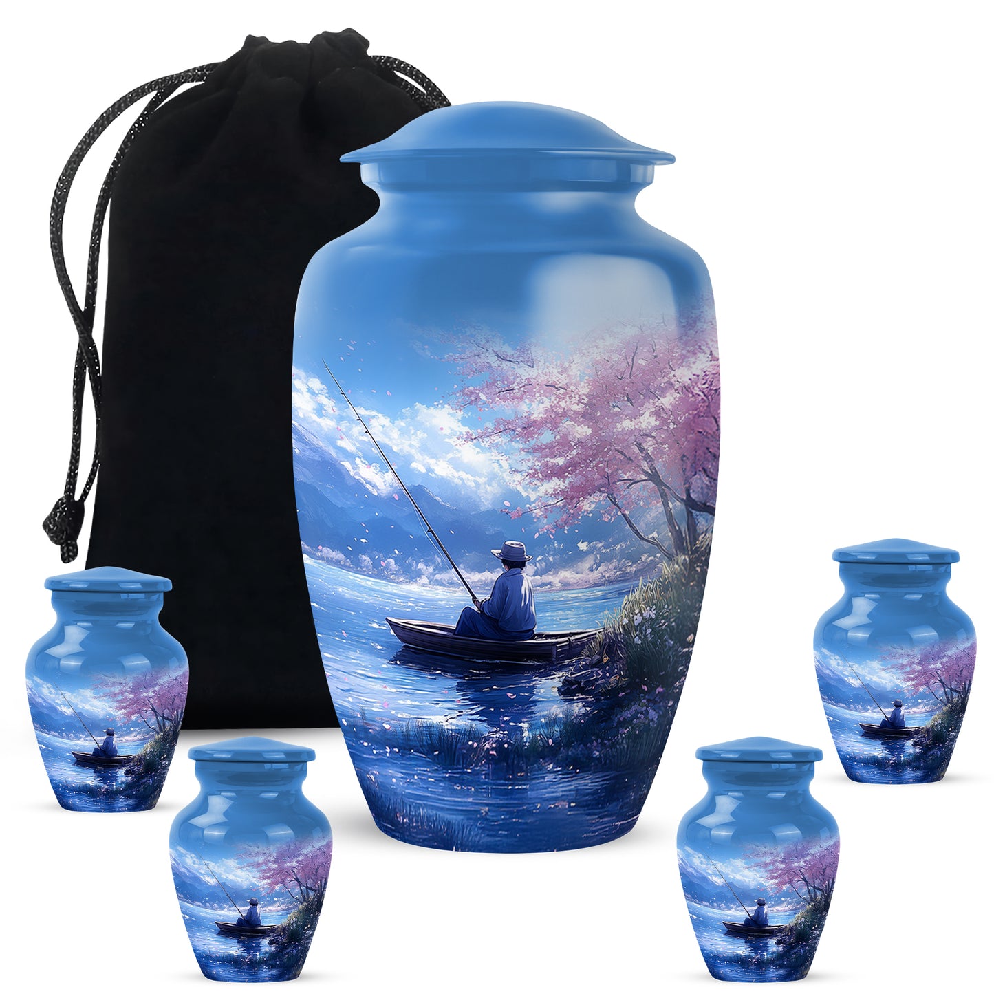 Cobalt Blue Fishing Cremation Urn top-down view of secure threaded lid - elegant classic fishing relief with fine detailing - memorial set with one large and four small urns