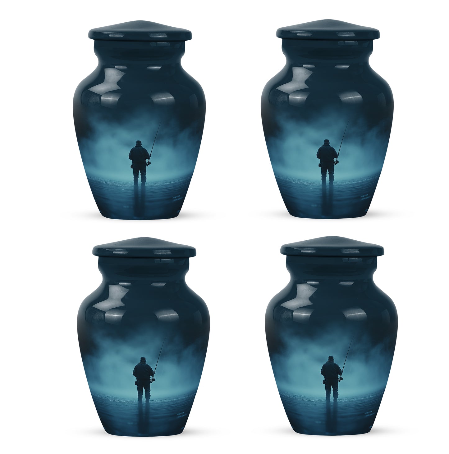 Navy Blue Fishing Cremation Urn side profile showing urn shape - classic sculpted fishing pattern on smooth aluminum - 10 inch aluminum urn for cremated remains
