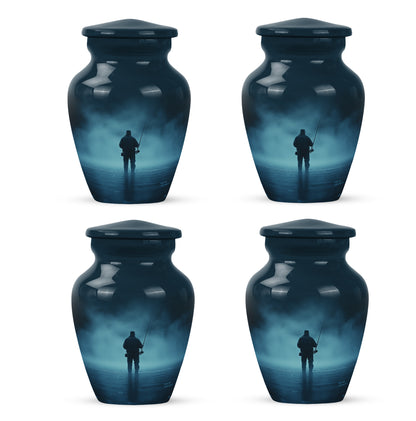 Navy Blue Fishing Cremation Urn side profile showing urn shape - classic sculpted fishing pattern on smooth aluminum - 10 inch aluminum urn for cremated remains