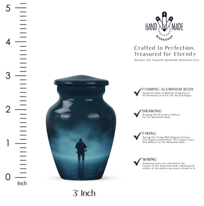 Pastel Blue Fishing Cremation Urn close-up of engraving and surface detail - timeless fishing motif etched into premium metal - mini keepsake memorial for portion of cremation ashes