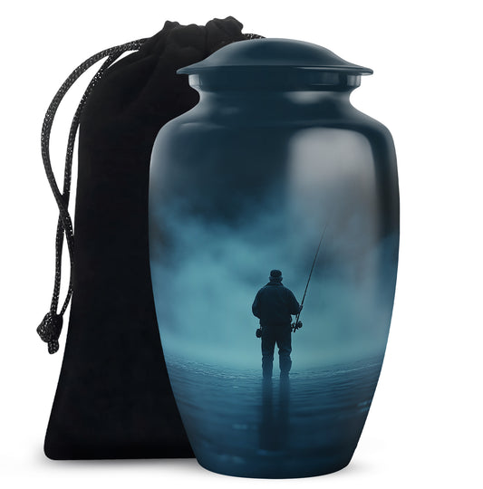 Sky Blue Fishing Cremation Urn angled view of lid and engraved motif - timeless fishing motif etched into premium metal - full-size 10 inch 200 cubic inch adult cremation urn