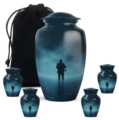 Celestial Blue Fishing Cremation Urn top-down view of secure threaded lid - timeless fishing motif etched into premium metal - memorial set with one large and four small urns