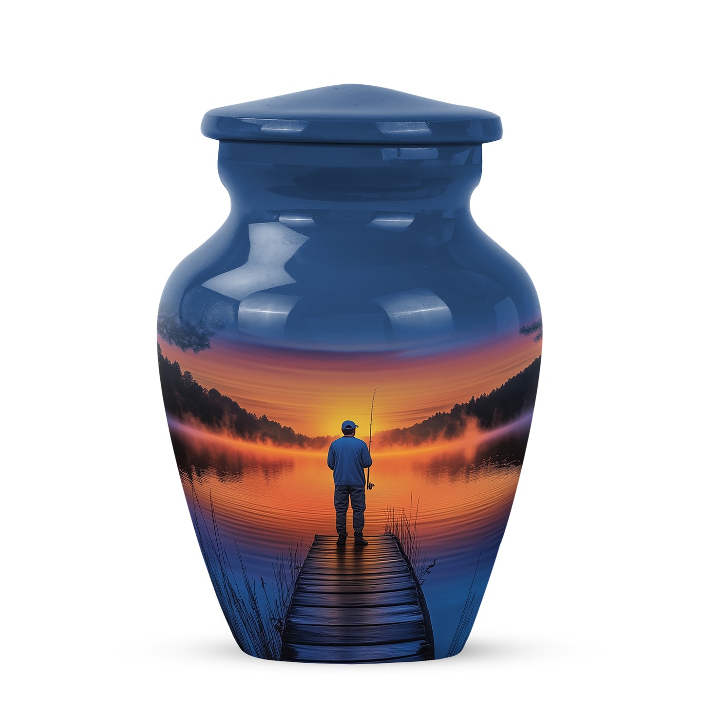 Personalized Blue Revered Fishing Cremation Urns for Human Ashes - 10-inch, 200 cu in - Yatskia