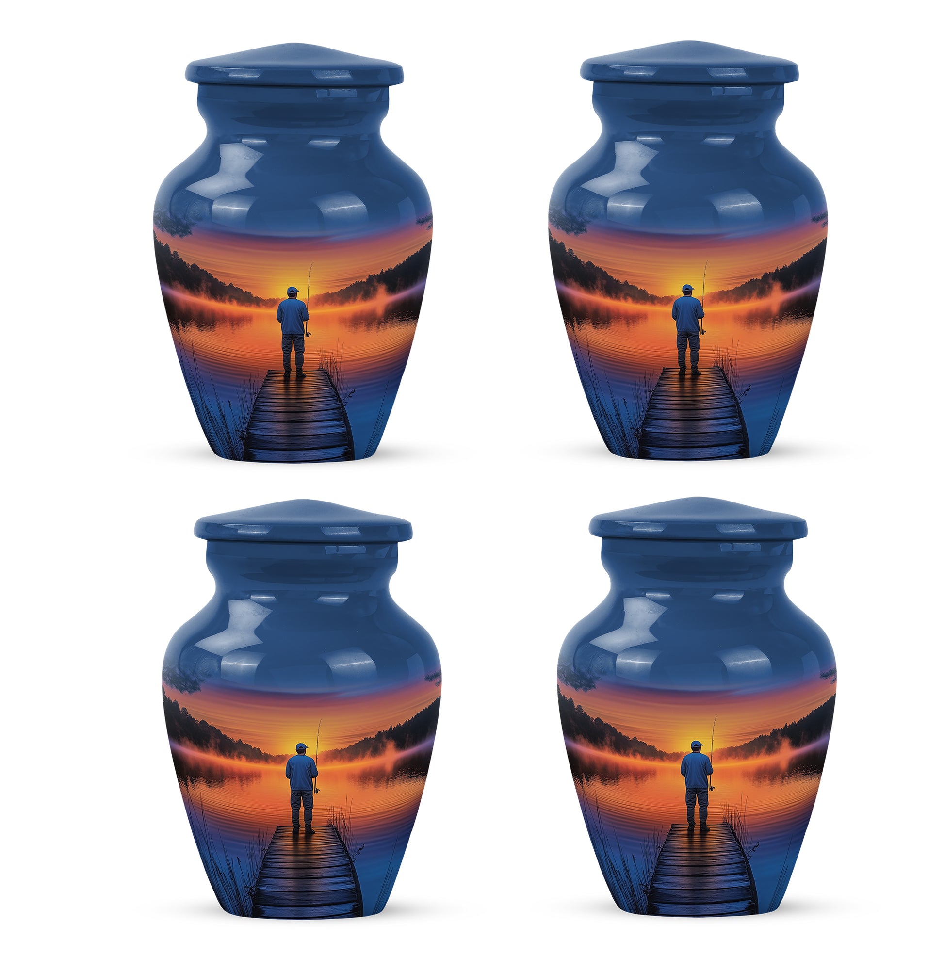 Indigo Fishing Cremation Urn side profile showing urn shape - timeless fishing motif etched into premium metal - 10 inch aluminum urn for cremated remains