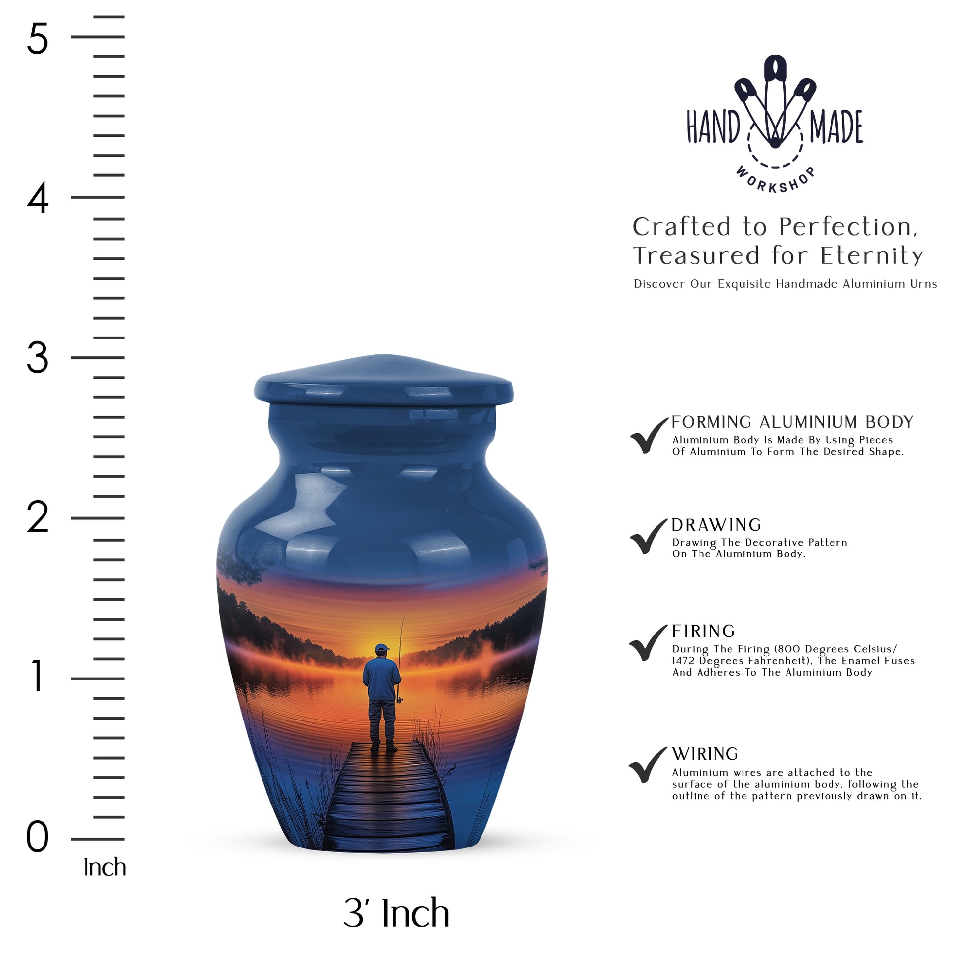 Azure Fishing Cremation Urn close-up of engraving and surface detail - timeless fishing motif etched into premium metal - mini keepsake memorial for portion of cremation ashes