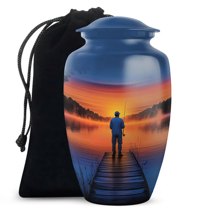 Calming Blue Fishing Cremation Urn angled view of lid and engraved motif - elegant classic fishing relief with fine detailing - full-size 10 inch 200 cubic inch adult cremation urn