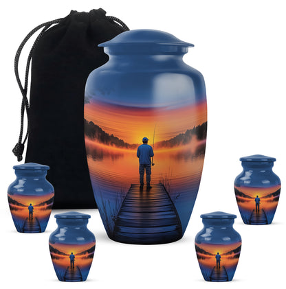 Azure Fishing Cremation Urn top-down view of secure threaded lid - timeless fishing motif etched into premium metal - memorial set with one large and four small urns