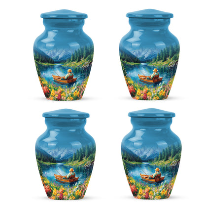 Navy Blue Fishing Cremation Urn side profile showing urn shape - classic sculpted fishing pattern on smooth aluminum - 10 inch aluminum urn for cremated remains