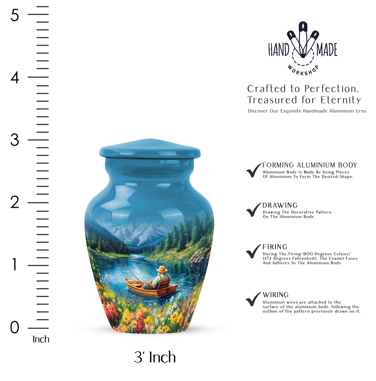 Vivid Blue Fishing Cremation Urn close-up of engraving and surface detail - elegant classic fishing relief with fine detailing - mini keepsake memorial for portion of cremation ashes