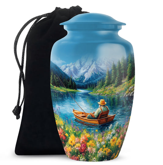 Dusty Blue Fishing Cremation Urn angled view of lid and engraved motif - classic sculpted fishing pattern on smooth aluminum - full-size 10 inch 200 cubic inch adult cremation urn