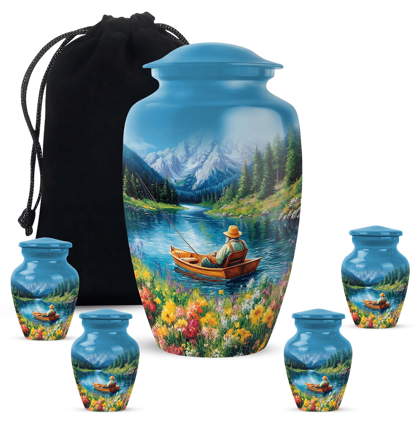 Soft Blue Fishing Cremation Urn top-down view of secure threaded lid - elegant classic fishing relief with fine detailing - memorial set with one large and four small urns