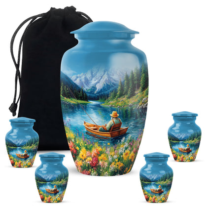 Soft Blue Fishing Cremation Urn top-down view of secure threaded lid - elegant classic fishing relief with fine detailing - memorial set with one large and four small urns