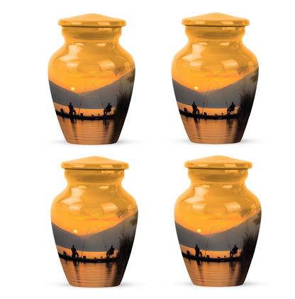 Warm Gold Fishing Cremation Urn side profile showing urn shape - traditional fishing engraving with hand-polished finish - 10 inch aluminum urn for cremated remains