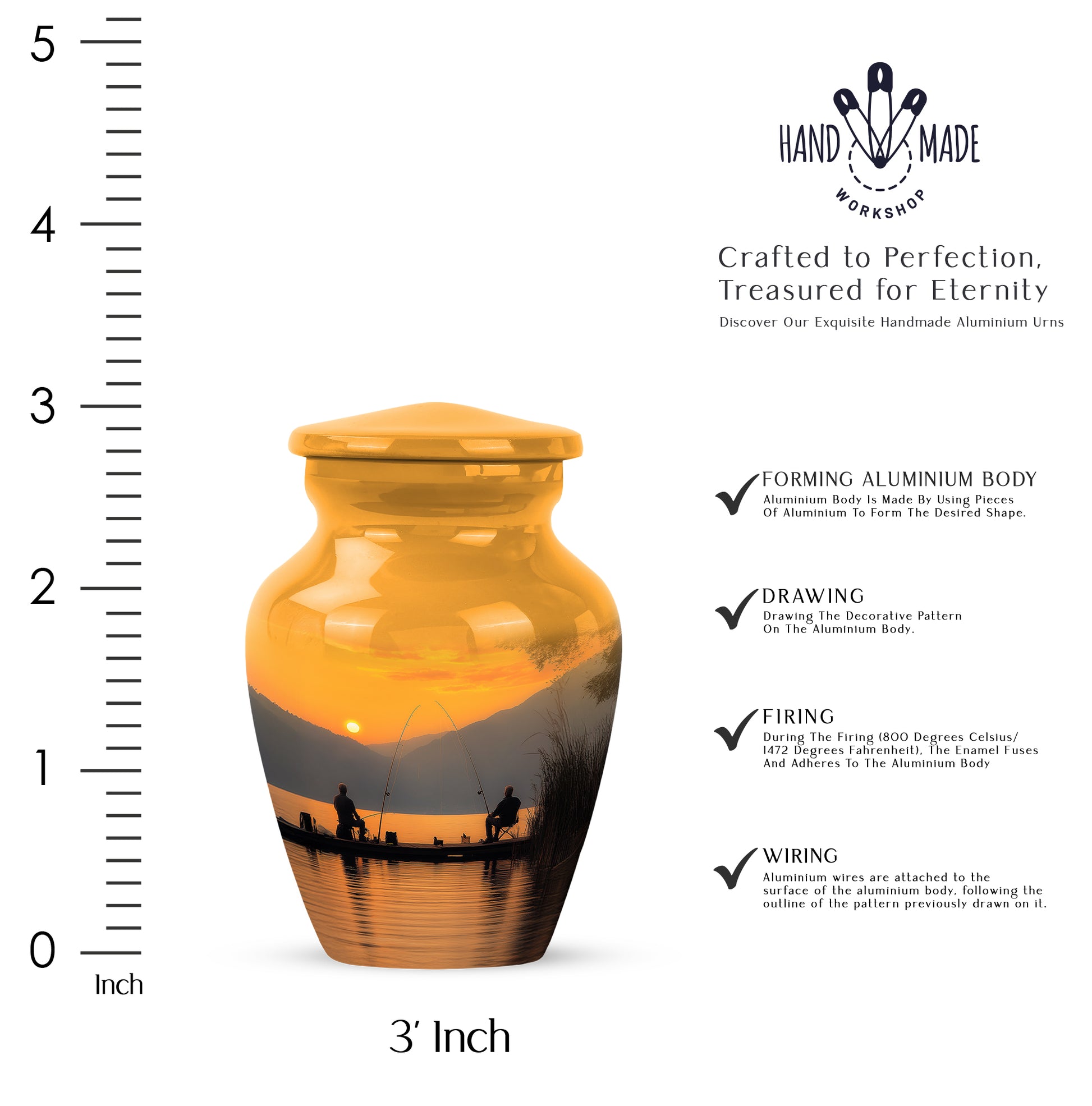 Amber Gold Fishing Cremation Urn close-up of engraving and surface detail - classic sculpted fishing pattern on smooth aluminum - mini keepsake memorial for portion of cremation ashes