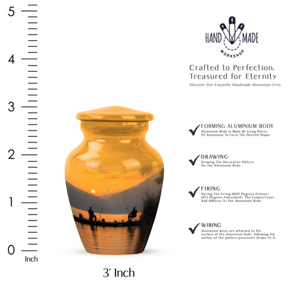 Amber Gold Fishing Cremation Urn close-up of engraving and surface detail - classic sculpted fishing pattern on smooth aluminum - mini keepsake memorial for portion of cremation ashes