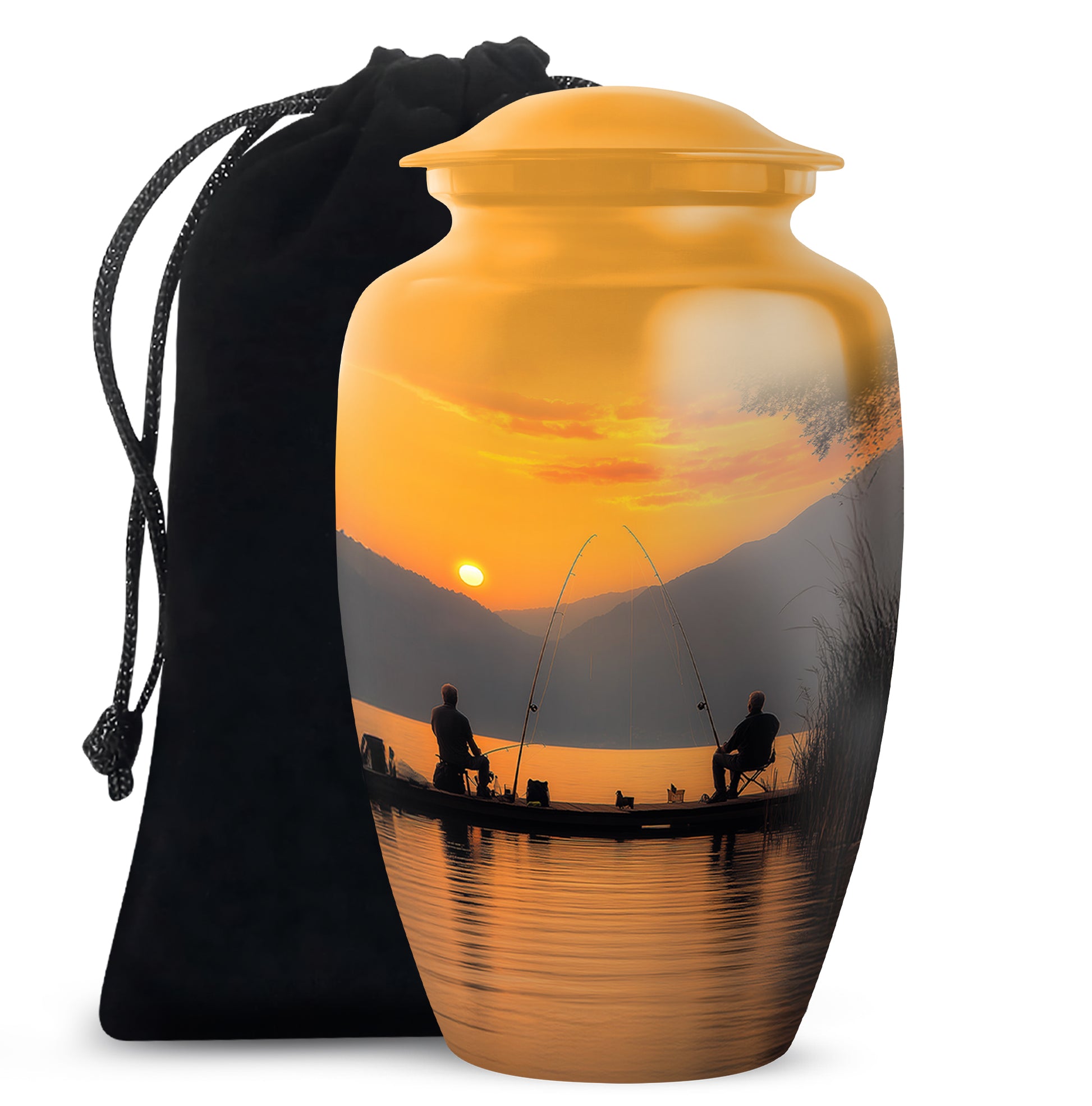 Sunrise Gold Fishing Cremation Urn angled view of lid and engraved motif - classic sculpted fishing pattern on smooth aluminum - full-size 10 inch 200 cubic inch adult cremation urn