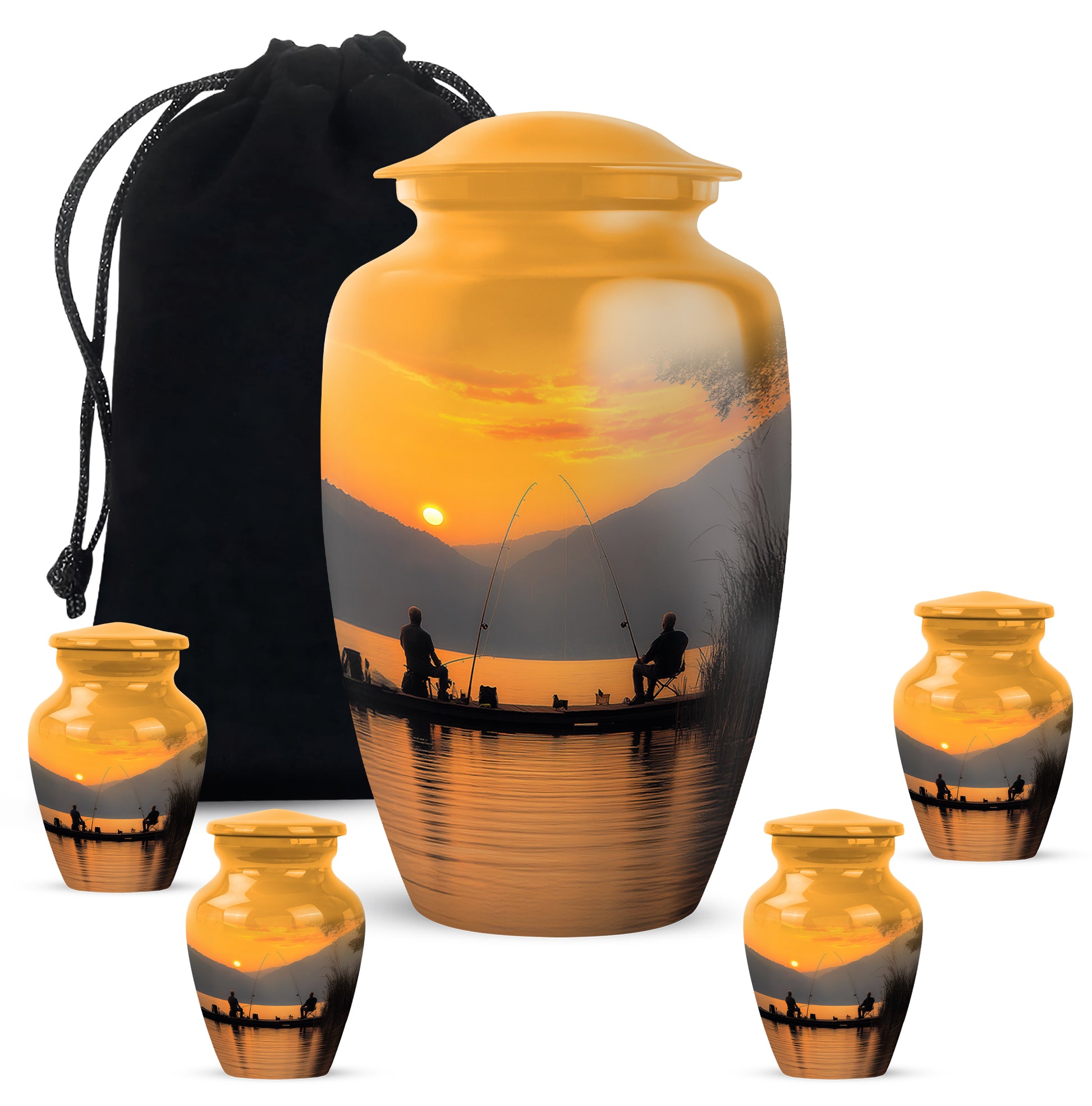 Amber Gold Fishing Cremation Urn top-down view of secure threaded lid - classic sculpted fishing pattern on smooth aluminum - memorial set with one large and four small urns