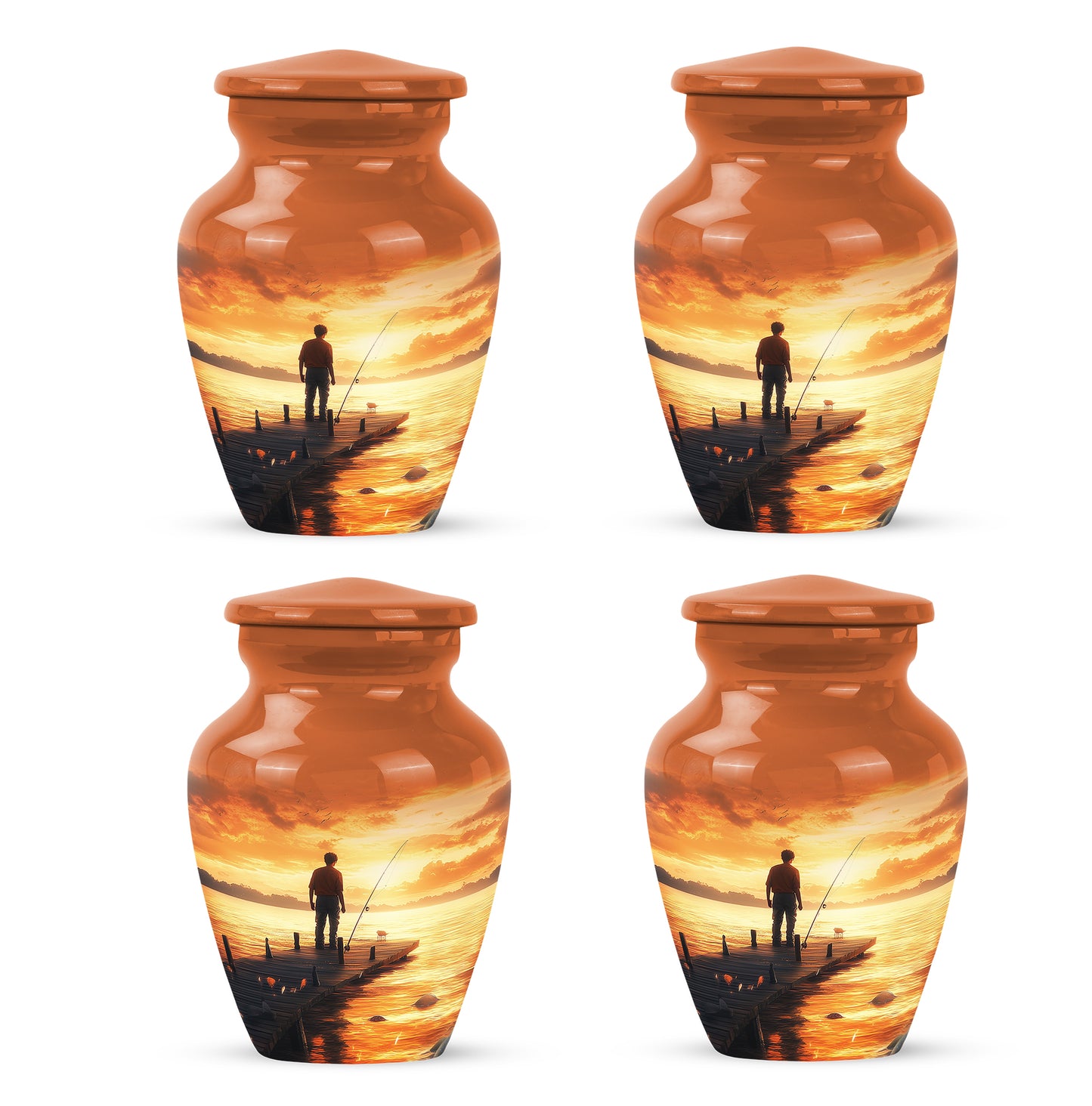 Sunrise Gold Fishing Cremation Urn side profile showing urn shape - classic sculpted fishing pattern on smooth aluminum - 10 inch aluminum urn for cremated remains
