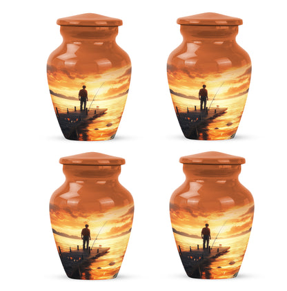 Sunrise Gold Fishing Cremation Urn side profile showing urn shape - classic sculpted fishing pattern on smooth aluminum - 10 inch aluminum urn for cremated remains