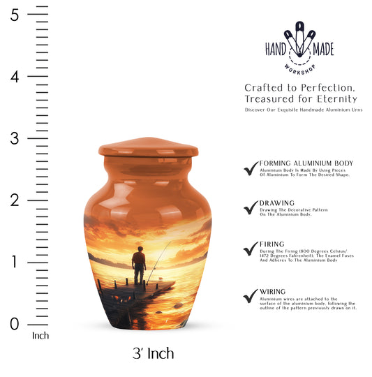 Champagne Gold Fishing Cremation Urn close-up of engraving and surface detail - timeless fishing motif etched into premium metal - mini keepsake memorial for portion of cremation ashes