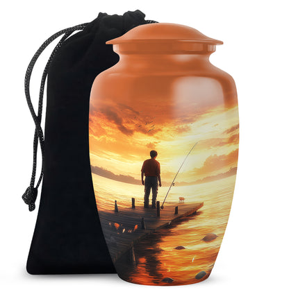 Champagne Gold Fishing Cremation Urn angled view of lid and engraved motif - timeless fishing motif etched into premium metal - full-size 10 inch 200 cubic inch adult cremation urn