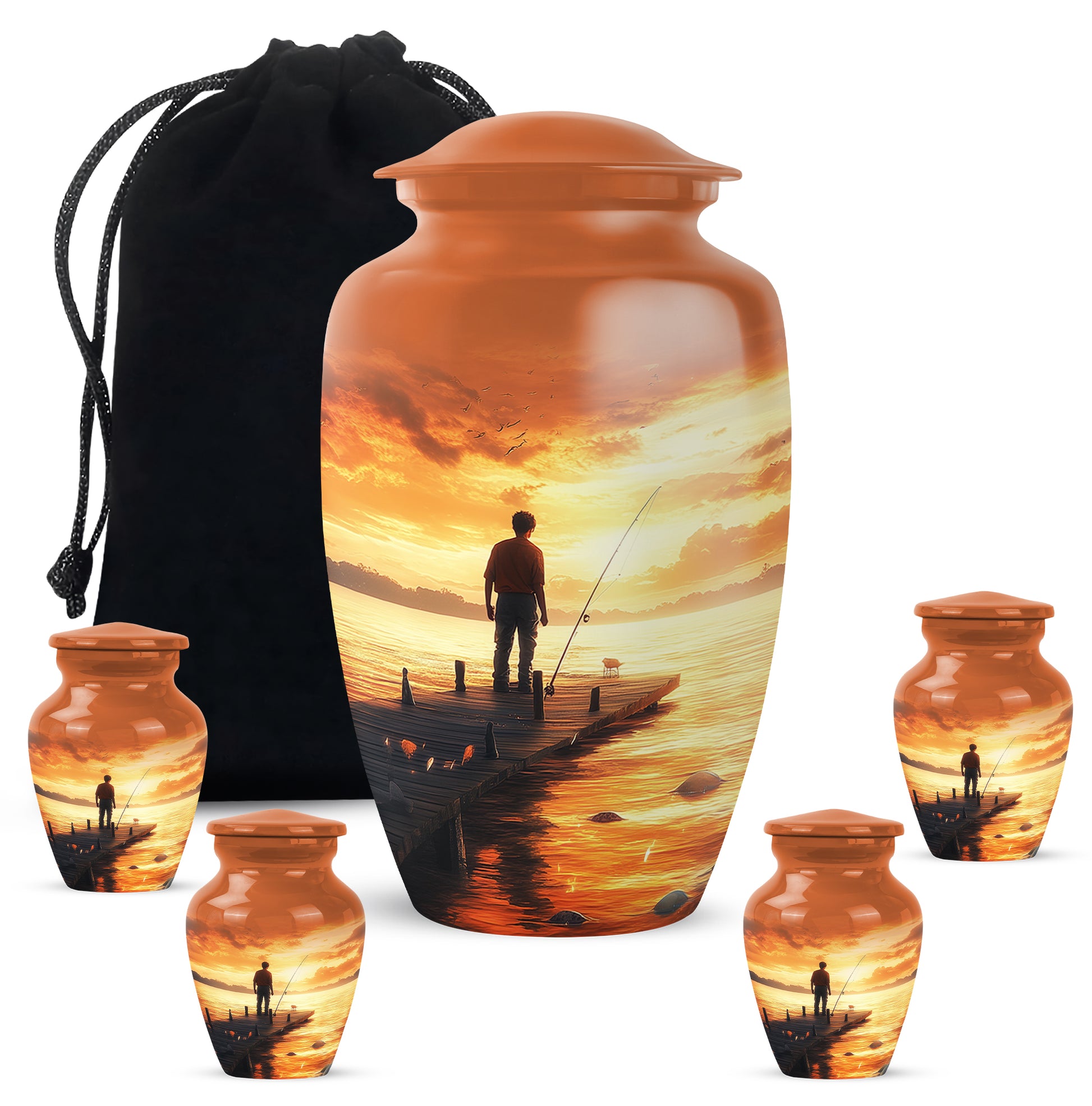 Amber Gold Fishing Cremation Urn top-down view of secure threaded lid - timeless fishing motif etched into premium metal - memorial set with one large and four small urns