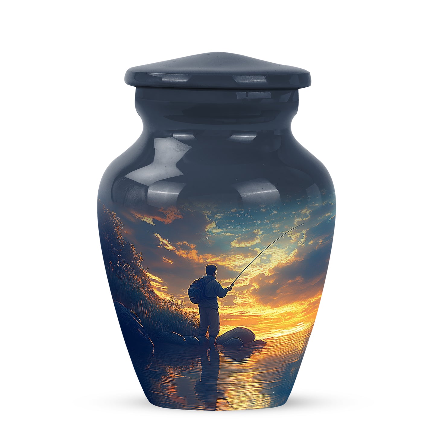 Blue Comforting Fishing Memorial Urn for Ashes - 10-inch, 200 cu in - Yatskia