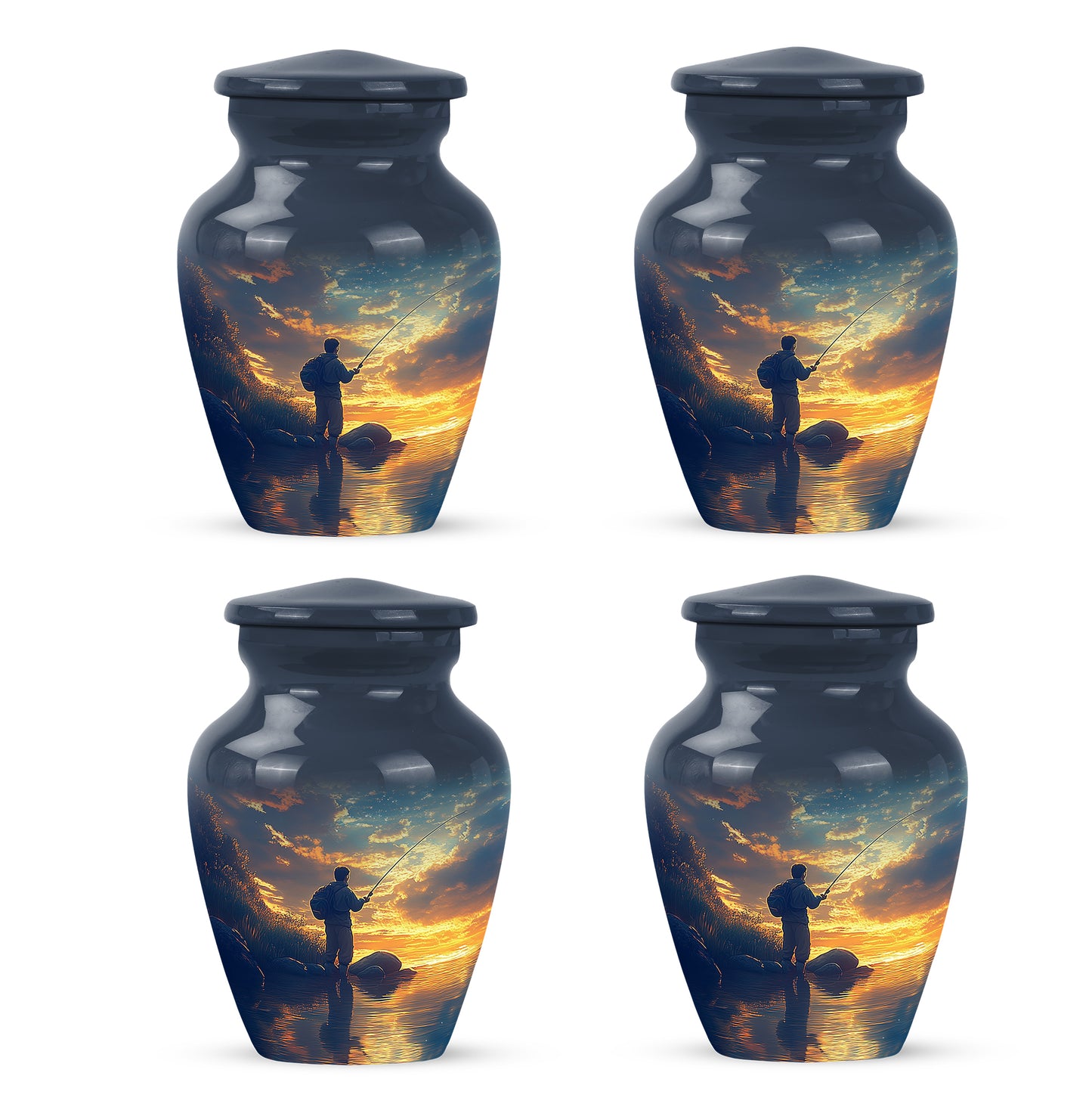 Navy Blue Fishing Cremation Urn side profile showing urn shape - classic sculpted fishing pattern on smooth aluminum - 10 inch aluminum urn for cremated remains