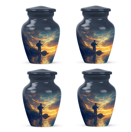 Navy Blue Fishing Cremation Urn side profile showing urn shape - classic sculpted fishing pattern on smooth aluminum - 10 inch aluminum urn for cremated remains