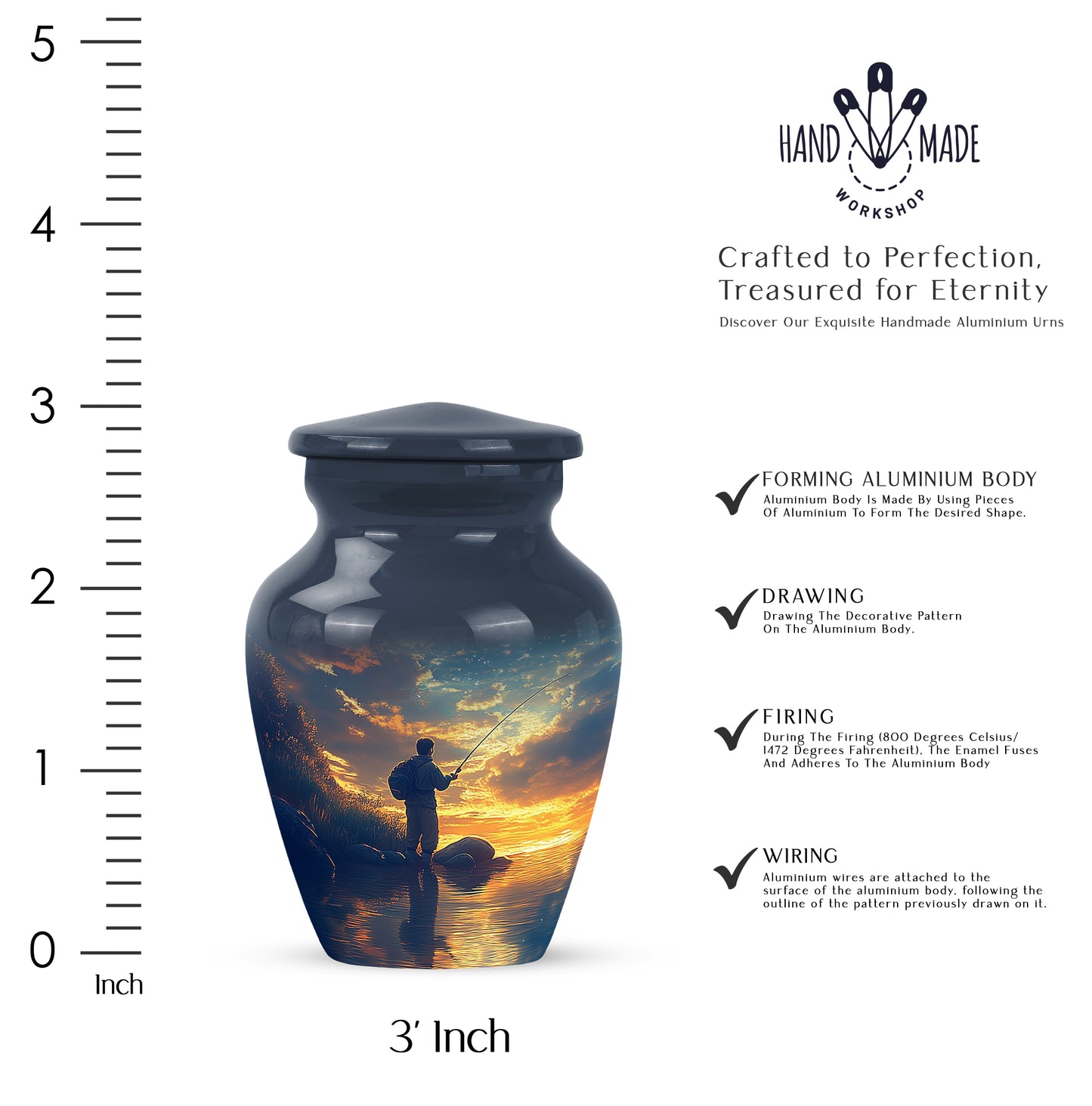 Calming Blue Fishing Cremation Urn close-up of engraving and surface detail - elegant classic fishing relief with fine detailing - mini keepsake memorial for portion of cremation ashes